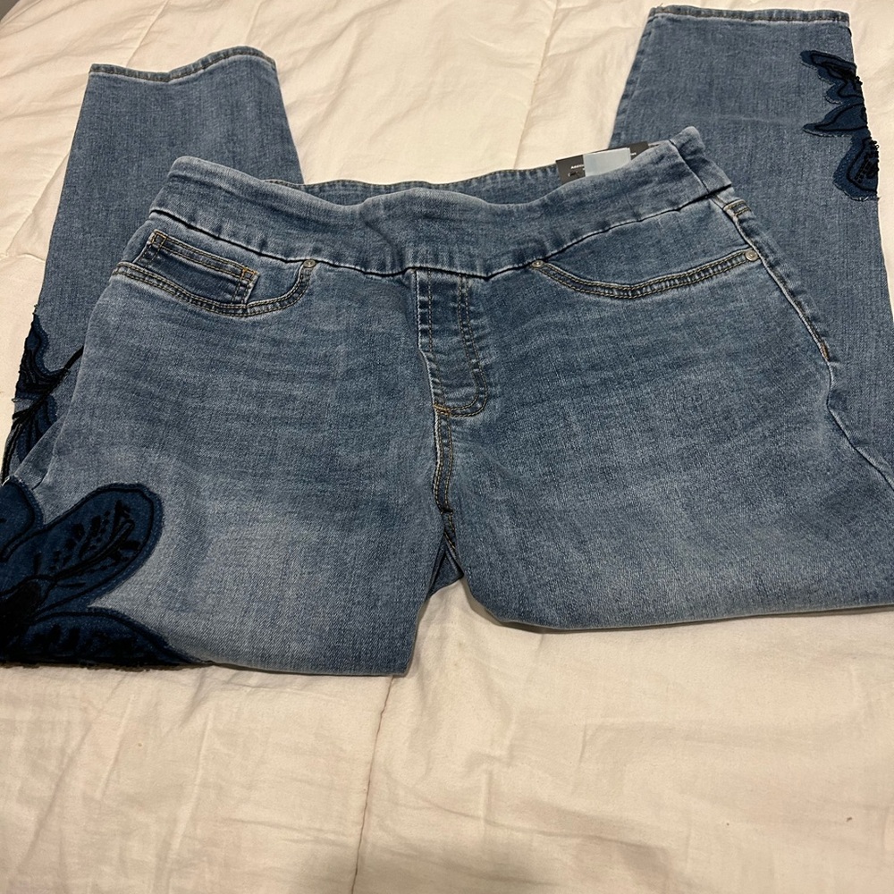 Stylish Denim Jeans with Dark Blue Embroidery by Chico’s